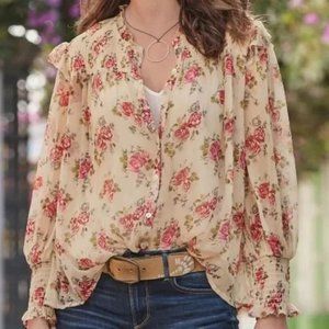 Sundance Amelia Cream Rose Floral Silk Smocked Victorian Peasant Blouse Size M